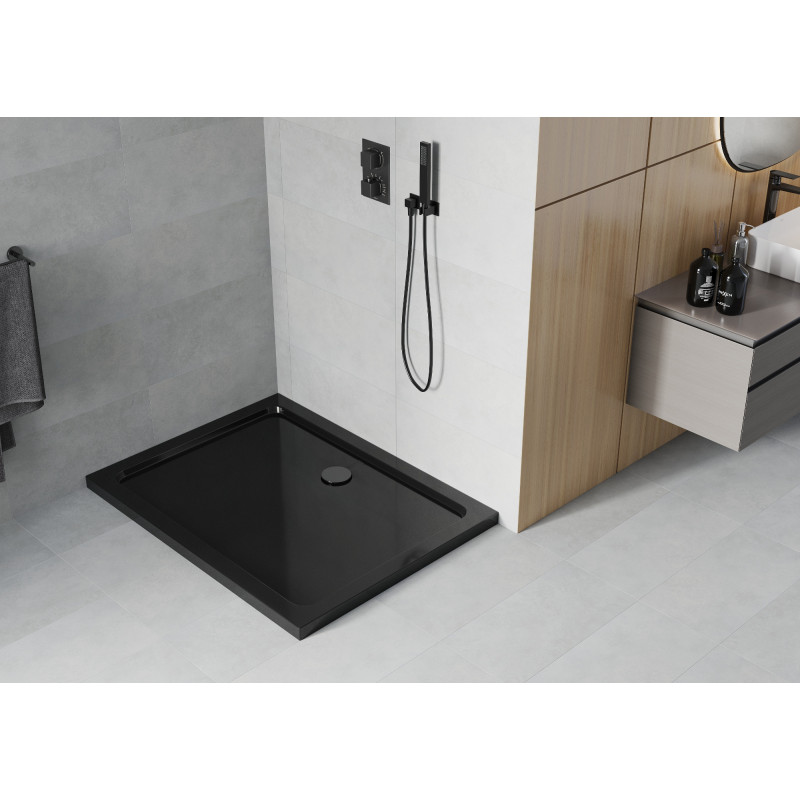 Mexen Flat obdélníková sprchová vanička slim 130 x 80 cm, černá, černý sifon - 40708013B