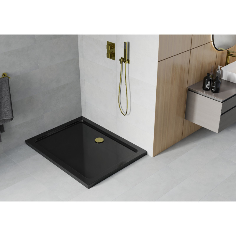 Mexen Flat obdélníkový sprchový kout slim 140 x 80 cm, černý, zlatý sifon - 40708014G