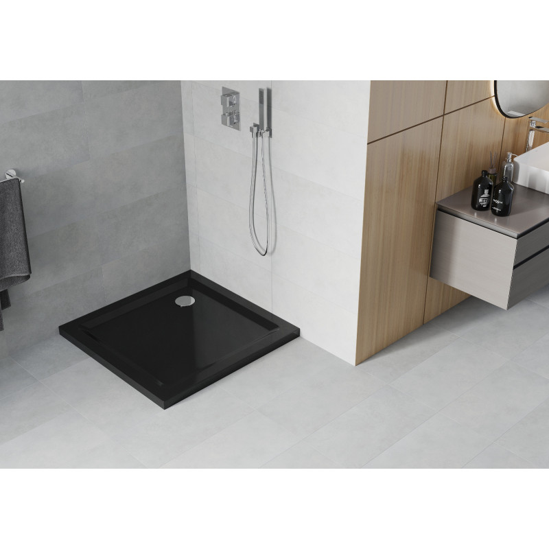 Mexen Flat čtvercová sprchová vanička slim 100 x 100 cm, černá, sifon chrom - 40701010