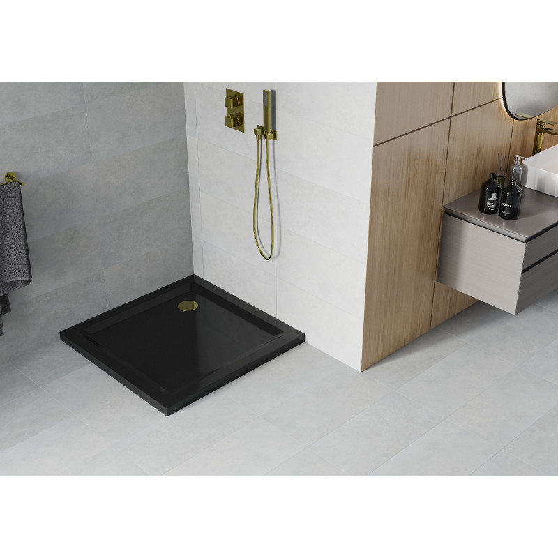 Mexen Flat čtvercová sprchová vanička slim 100 x 100 cm, černá, sifon zlatý - 40701010G