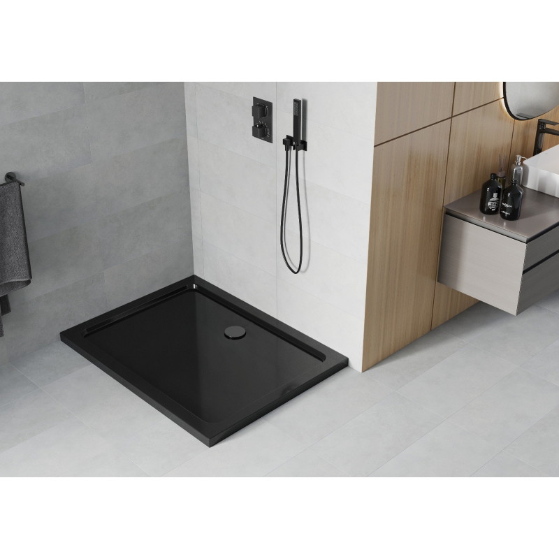 Mexen Flat obdélníkový sprchový kout slim 130 x 100 cm, černý, černý sifon - 40701013B