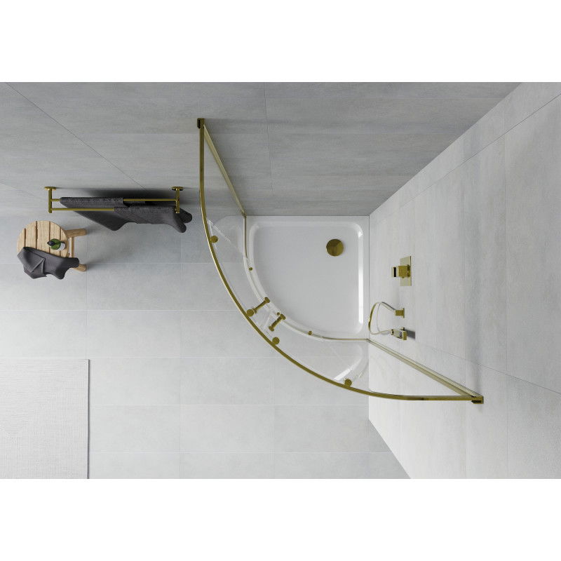 Mexen Rio sprchová kabina půlkruhová 80 x 80 cm, transparentní, zlatá + sprchová vanička Flat, bílá - 863-080-080-50-00-4110G