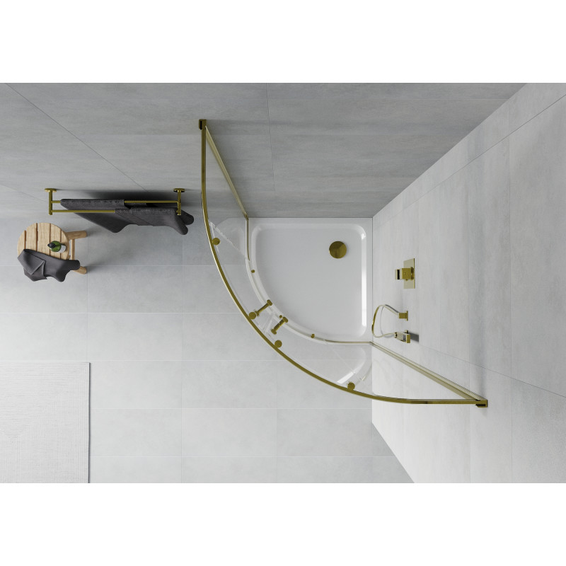 Mexen Rio sprchový kout půlkruhový 90 x 90 cm, transparentní, zlatý + vanička Flat, bílá - 863-090-090-50-00-4110G