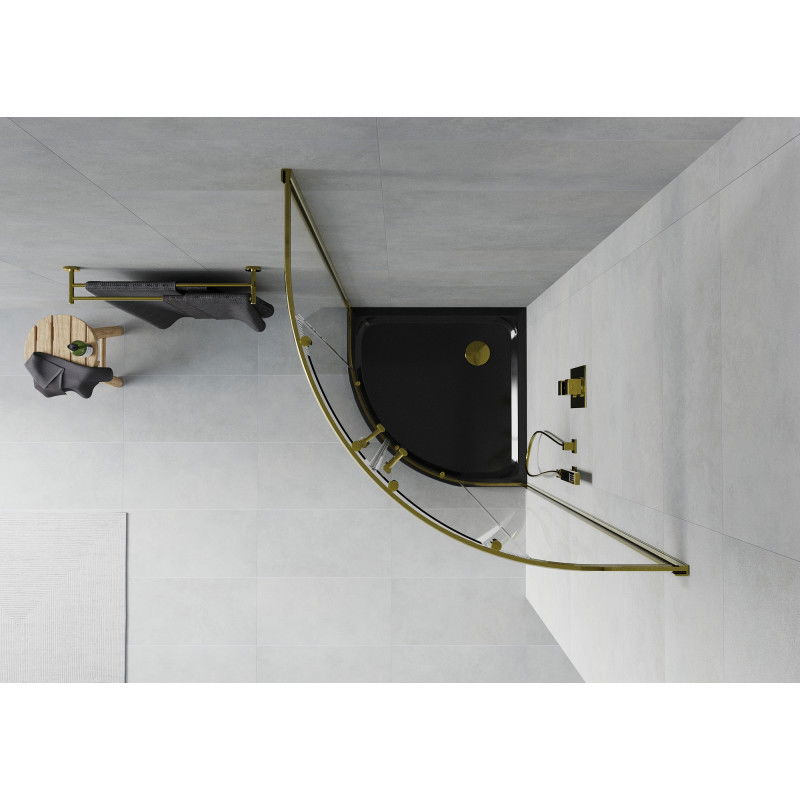 Mexen Rio sprchový kout polokruhový 80 x 80 cm, transparentní, zlatý + sprchová vanička Flat, černá - 863-080-080-50-00-4170G