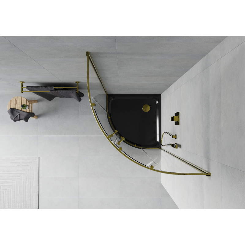 Mexen Rio sprchový kout oblý 90 x 90 cm, transparentní, zlatý + vanička Flat, černý - 863-090-090-50-00-4170G