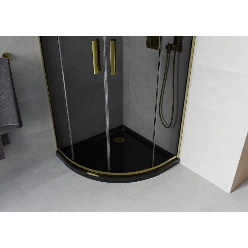 Mexen Rio půlkruhová sprchová kabina 90 x 90 cm, grafit, zlatá + brodzik Flat, černý - 863-090-090-50-40-4170G