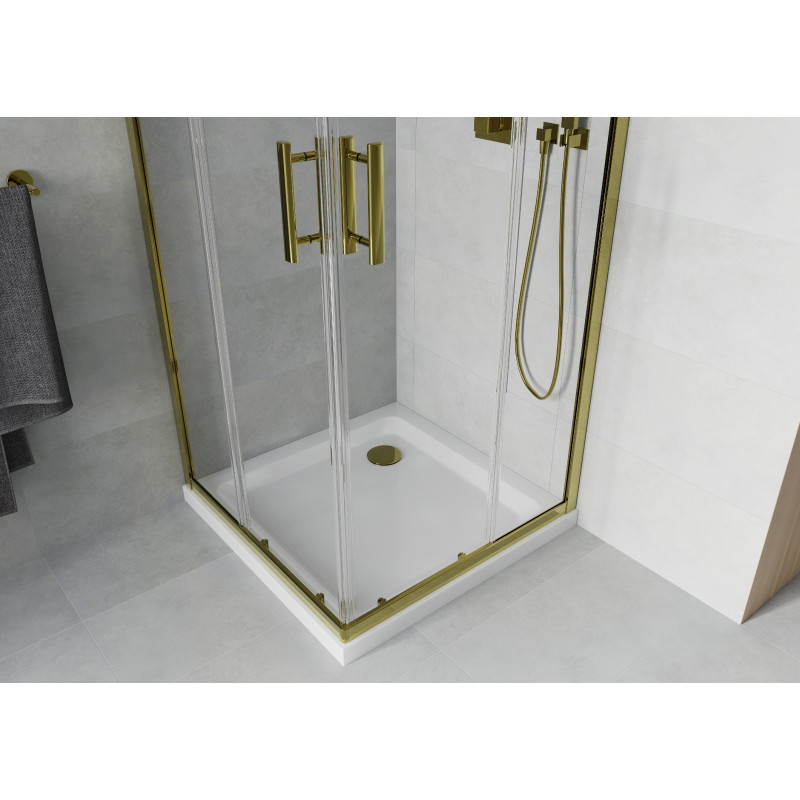 Mexen Rio čtvercová sprchová kabina 80 x 80 cm, průhledná, zlatá + brodzik Flat, bílý - 860-080-080-50-00-4010G