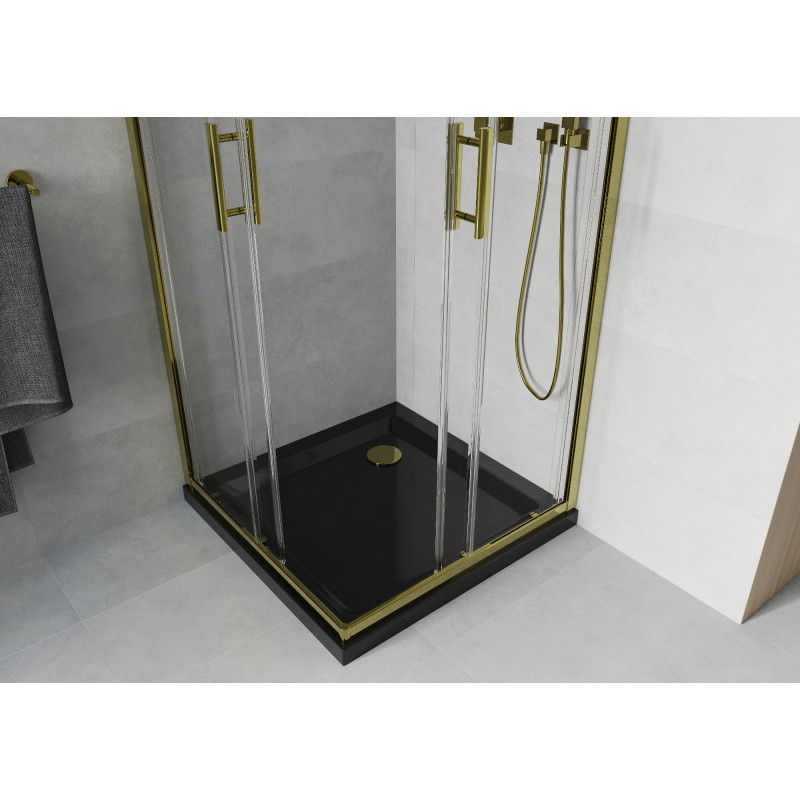 Mexen Rio čtvercová sprchová kabina 90 x 90 cm, transparentní, zlatá + vanička Flat, černá - 860-090-090-50-00-4070G