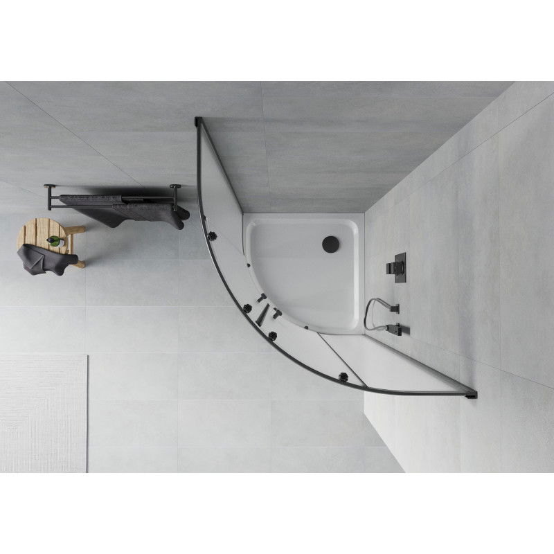 Mexen Rio půlkruhový sprchový kout 90 x 90 cm, námraza, černá + plochá sprchová vanička, bílá - 863-090-090-70-30-4110B
