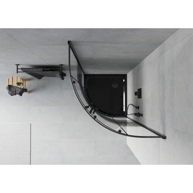 Mexen Rio půlkruhový sprchový kout 90 x 90 cm, černé pruhy, černý + vanička Flat, černý - 863-090-090-70-20-4170B