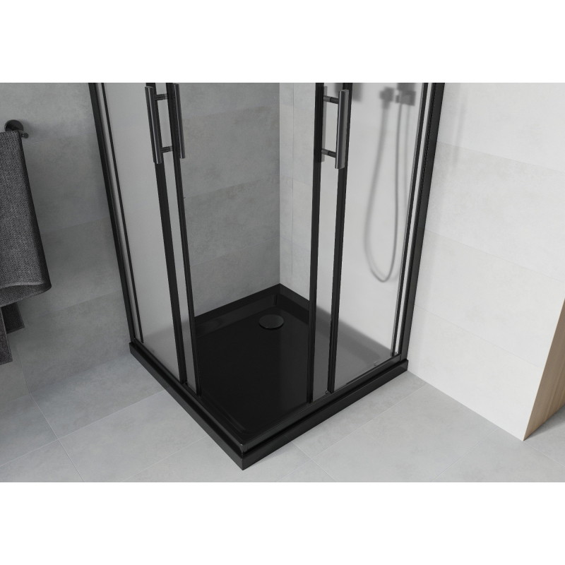Mexen Rio čtvercová sprchová kabina 90 x 90 cm, mléčné sklo, černá + vanička Flat, černá - 860-090-090-70-30-4070B
