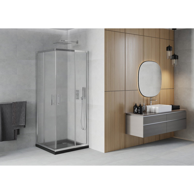 Mexen Rio Čtvercová sprchová kabina 70 x 70 cm, matné sklo, chrom + sprchová vanička Flat, černá