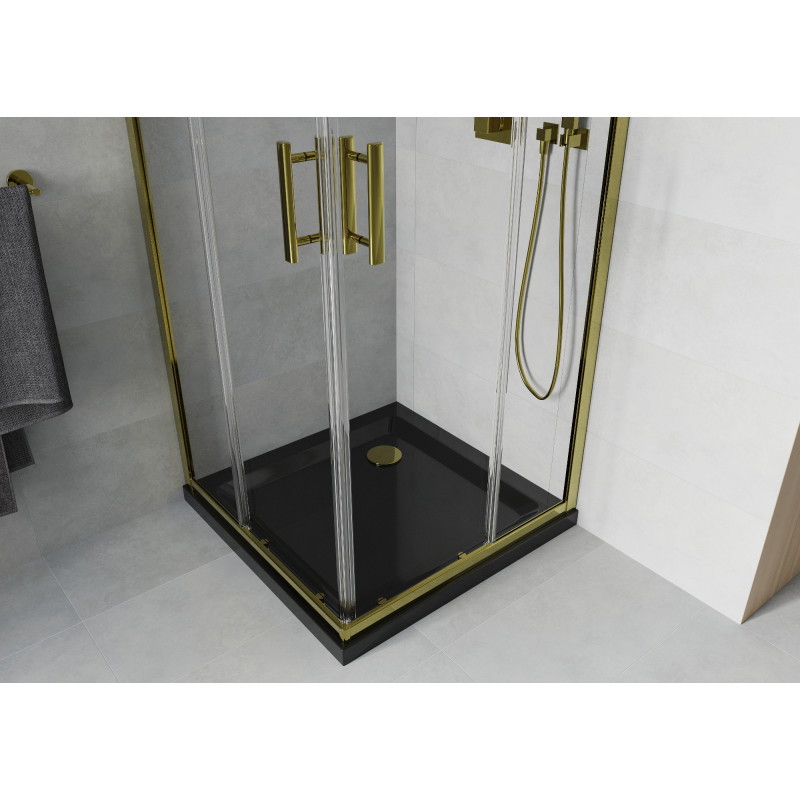 Mexen Rio čtvercový sprchový kout 70 x 70 cm, transparentní, zlatý + vanička Flat, černý - 860-070-070-50-00-4070G