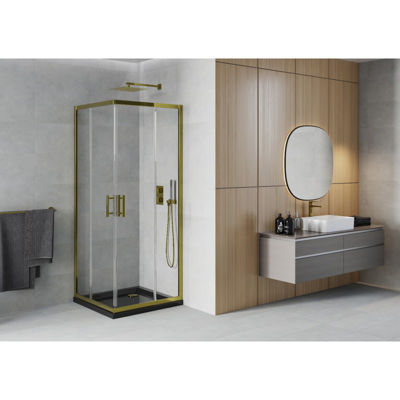 Mexen Rio čtvercový sprchový kout 70 x 70 cm, transparentní, zlatý + vanička Flat, černý - 860-070-070-50-00-4070G