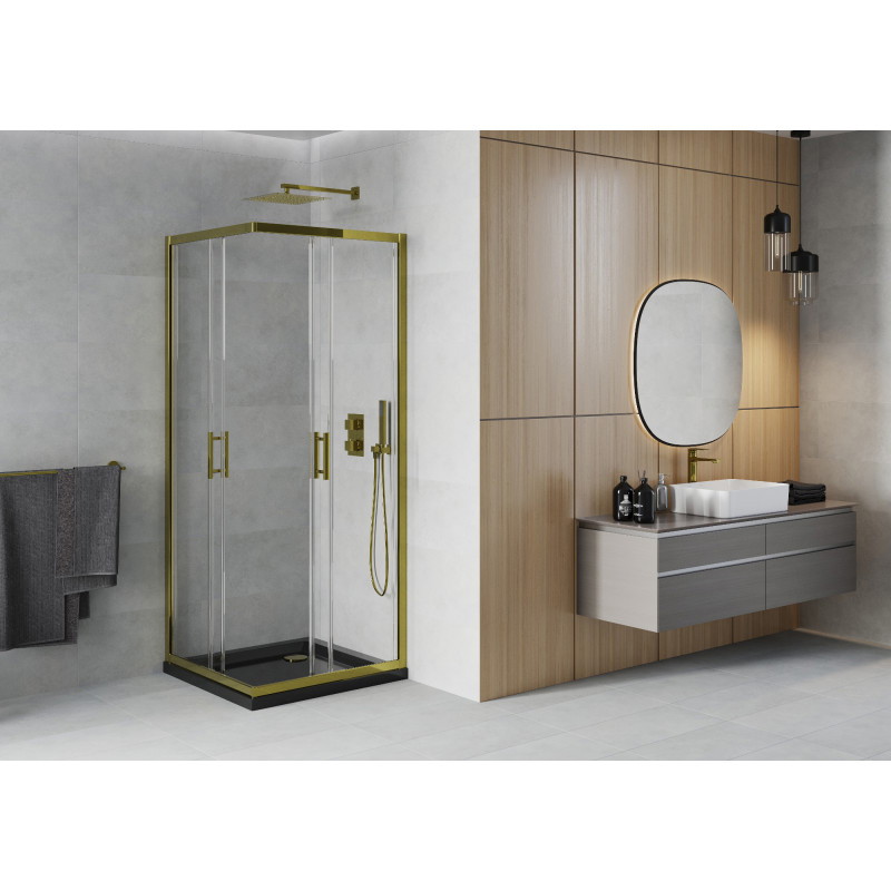 Mexen Rio čtvercový sprchový kout 70 x 70 cm, transparentní, zlatý + vanička Flat, černý - 860-070-070-50-00-4070G