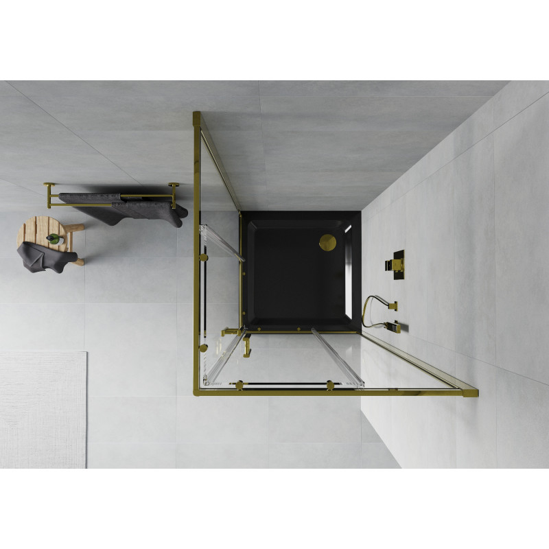 Mexen Rio čtvercový sprchový kout 70 x 70 cm, transparentní, zlatý + vanička Flat, černý - 860-070-070-50-00-4070G