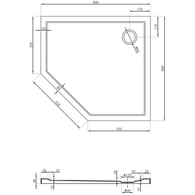 Mexen Flow sprchová vanička pětiúhelníková slim pravá 90 x 80 cm, černý mat - 46P708090R