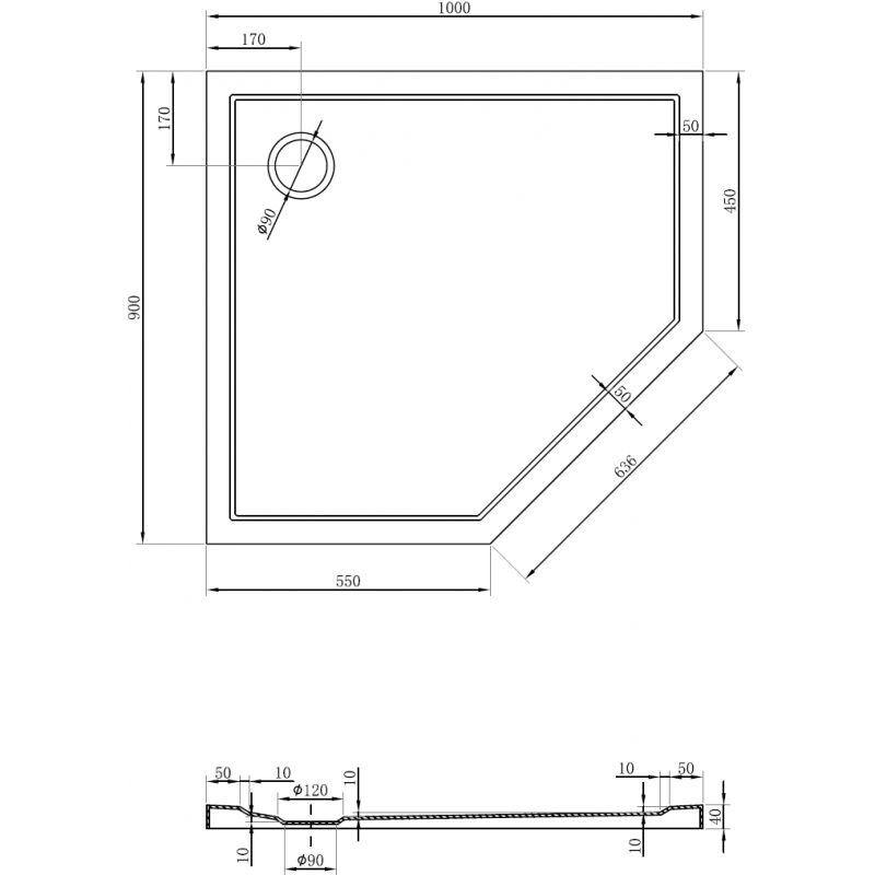 Mexen Flow pětiúhelníková vanička slim levá 100 x 90 cm, černý mat - 46P709010L
