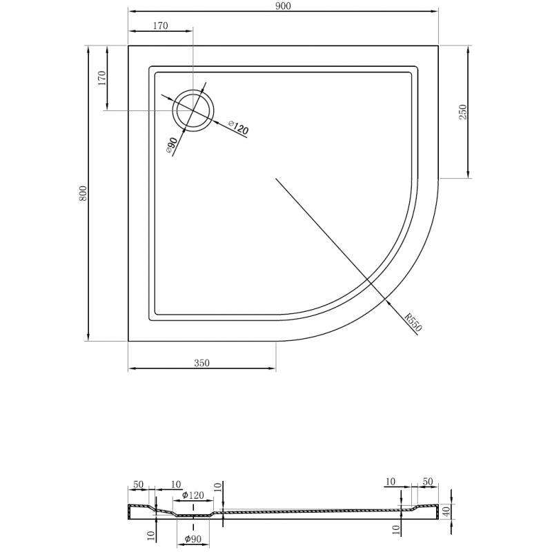 Mexen Flow asymetrická půlkruhová sprchová vanička slim levá 90 x 80 cm, černý mat - 46Q708090L