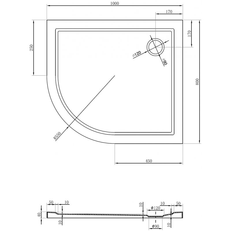 Mexen Flow sprchová vanička půlkruhová asymetrická slim pravá 100 x 80 cm, černý mat - 46Q708010R