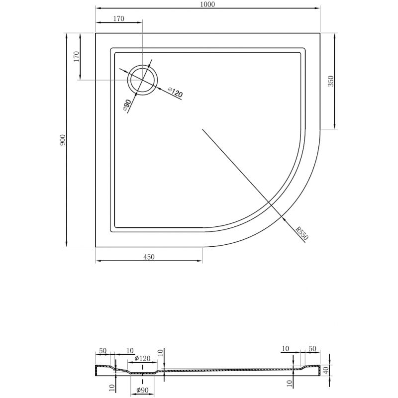 Mexen Flow půlkruhový asymetrický slim levý 100 x 90 cm, černý mat - 46Q709010L
