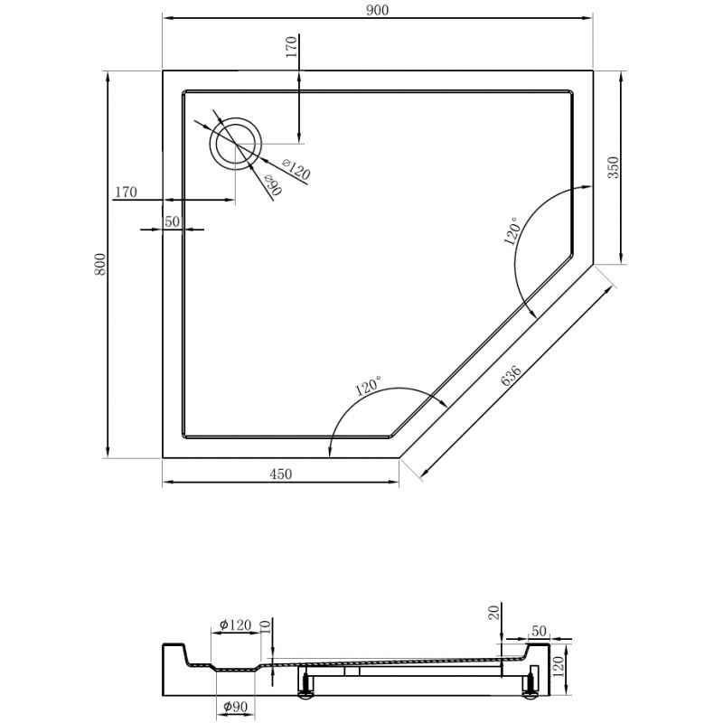 Mexen Flow+ pětiúhelníkový sprchový kout levý 90 x 80 cm, černý mat - 46P708090LH