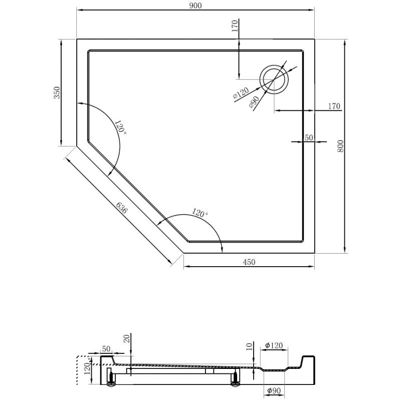 Mexen Flow+ sprchová vanička pětiúhelníková pravá 90 x 80 cm, černý mat - 46P708090RH