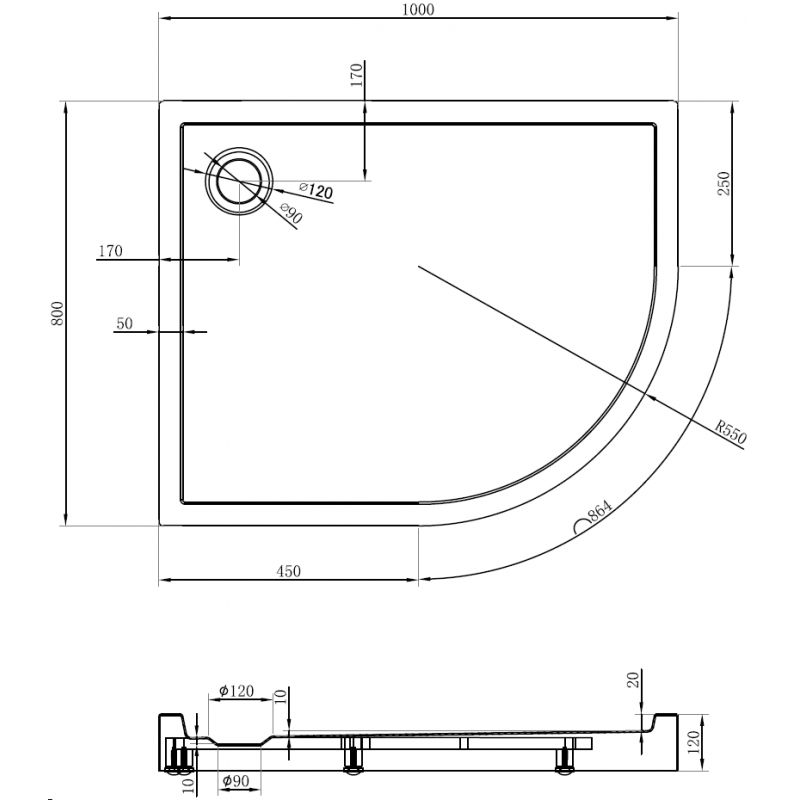 Mexen Flow+ sprchová vanička půlkruhová asymetrická levá 100 x 80 cm, černá mat - 46Q708010LH
