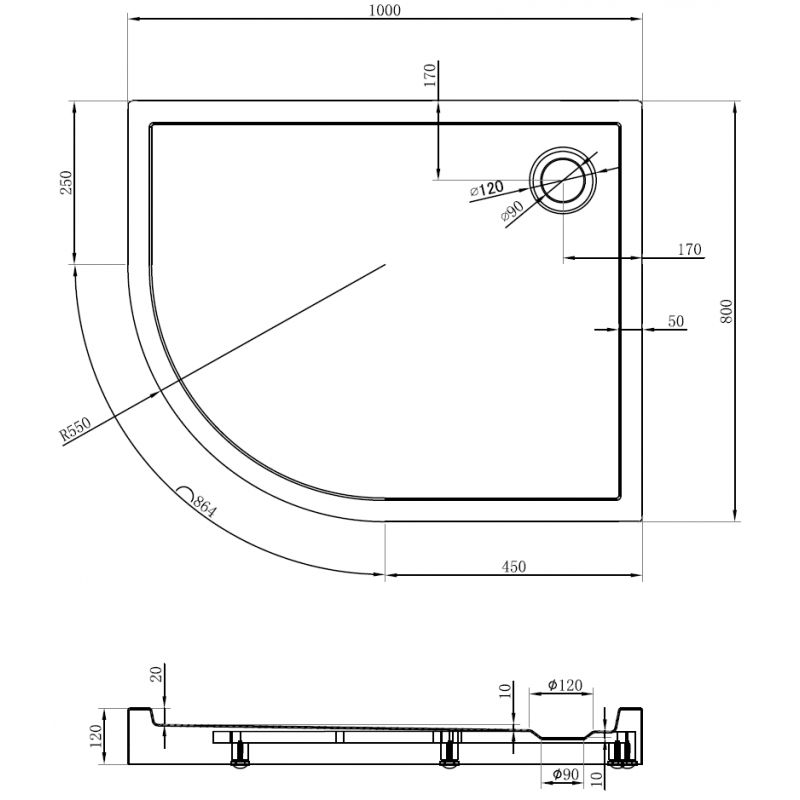 Mexen Flow+ asymetrická pravá půlkruhová sprchová vanička 100 x 80 cm, bílý lesk - 46Q108010RH