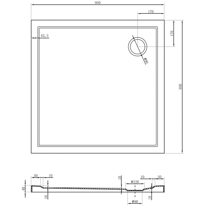 Mexen Flow sprchová vanička čtvercová slim 95 x 95 cm, černý mat - 46S709595