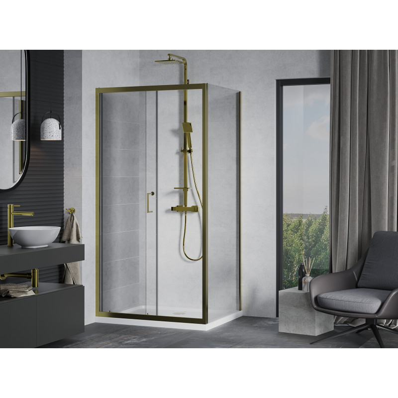 Mexen Apia zatahovací sprchový kout 140 x 80 cm, transparentní, zlatý + vanička Flat, bílá - 840-140-080-50-00-4010G