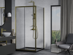 Mexen Apia sprchový kout posuvný 90 x 90 cm, transparentní, zlatý + vanička Flat, černý - 840-090-090-50-00-4070G