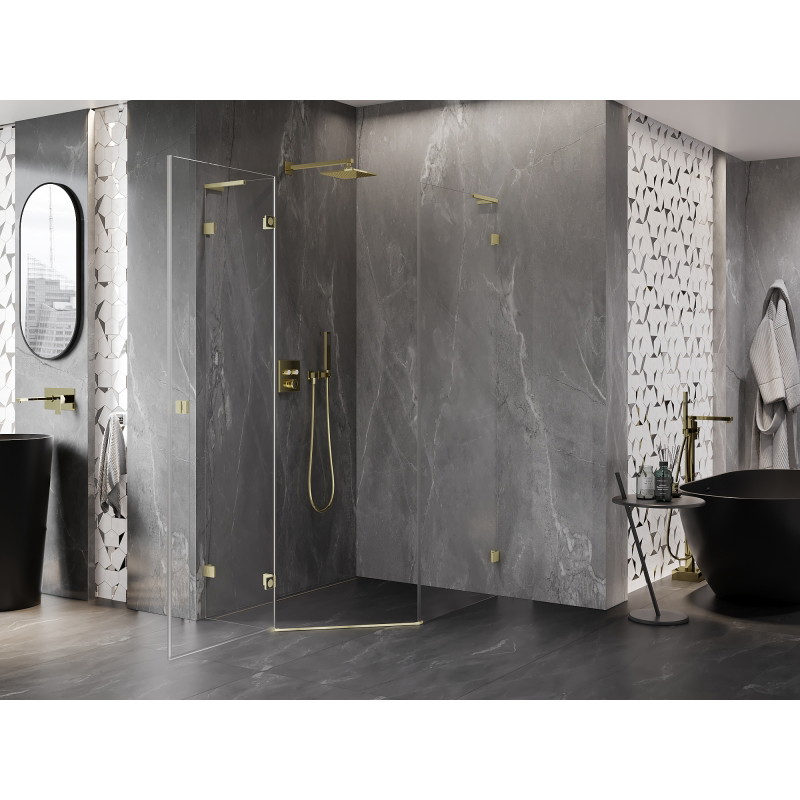 Mexen Lunar L sprchový kout pětiúhelníkový výklopný levý 90 x 100 cm, transparentní, zlatý kartáčovaný