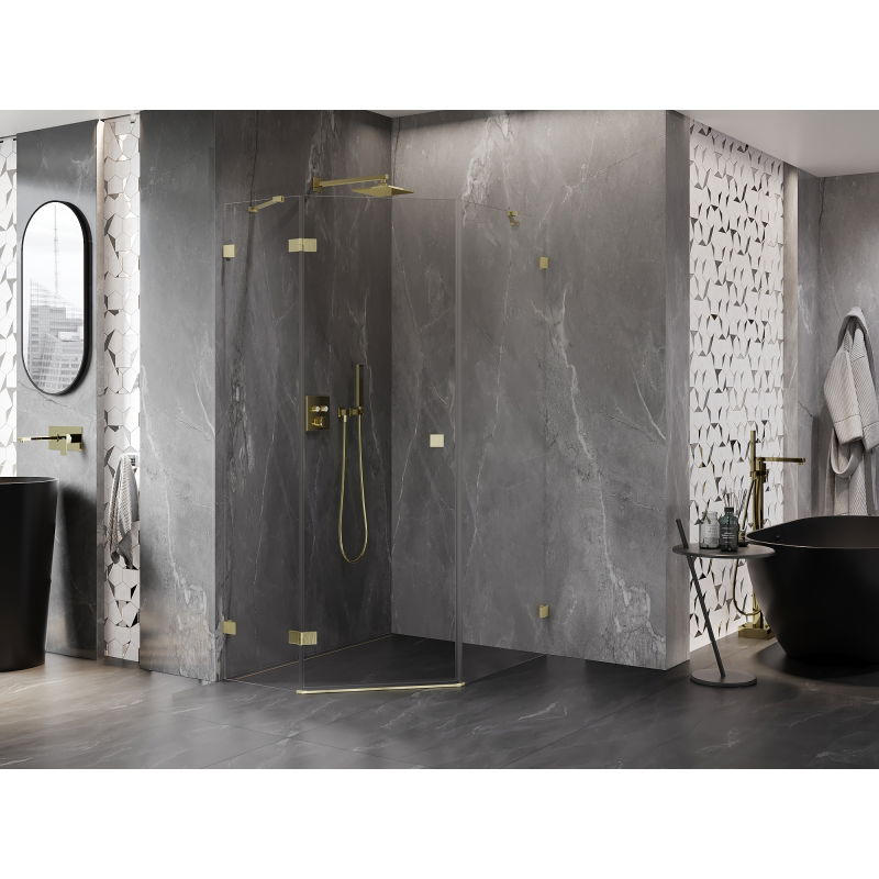 Mexen Lunar pětiúhelníková sprchová kabina otevírací levá 90 x 100 cm, transparentní, zlato kartáčované - 831-090L-100P-55-00-L