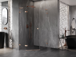 Mexen Lunar L kabina sprchová pětiúhelníková otočná levá 80 x 100 cm, průhledná, kartáčovaná měď