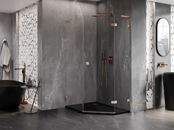 Mexen Lunar L pětiúhelníková sprchová kabina sklápěcí pravá 80 x 90 cm, transparentní, kartáčovaná měď - 831L-080P-090L-65-00-P