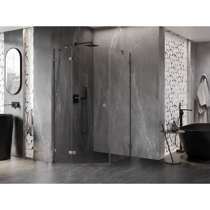 Mexen Lunar pětiboká sprchová kabina otevírací levá 80 x 90 cm, průhledná, gun gray kartáčovaná