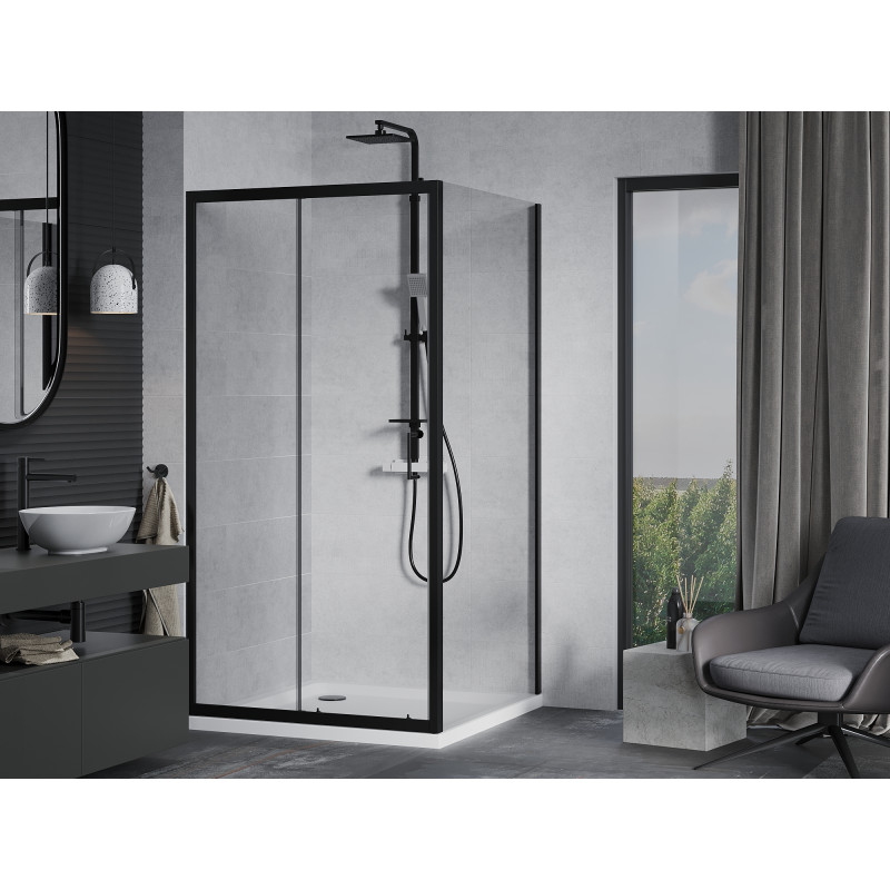 Mexen Apia sprchový kout posuvný 100 x 100 cm, transparentní, černý + sprchová vanička Flat, bílý