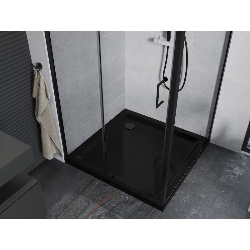 Mexen Apia posuvný sprchový kout 90 x 90 cm, transparentní, černý + sprchová vanička Flat, černá - 840-090-090-70-00-4070B