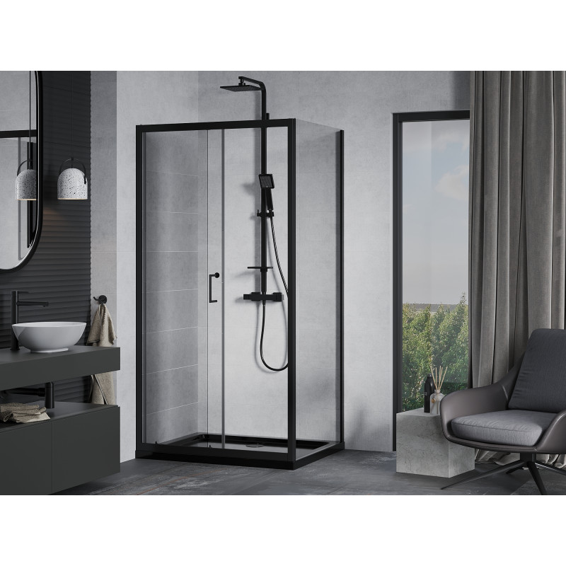 Mexen Apia sprchový kout posuvný 130 x 90 cm, transparentní, černý + vanička Flat, černá - 840-130-090-70-00-4070B