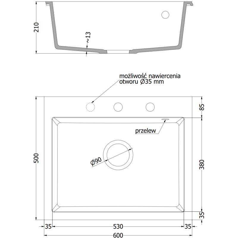 Mexen Elix granitový dřez s jednou komorou 600 x 500 mm, černý/zlatý metalický, sifon chrom - 6525601005-75