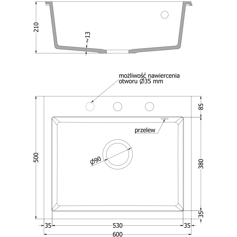 Mexen Elix granitový dřez s 1 komorou 600 x 500 mm, černý, sifon chrom - 6525601005-77