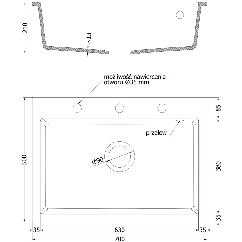 Mexen Elix granitový dřez 1-komorový 700 x 500 mm, černý/zlatý metalik, sifon chrom - 6526701005-75