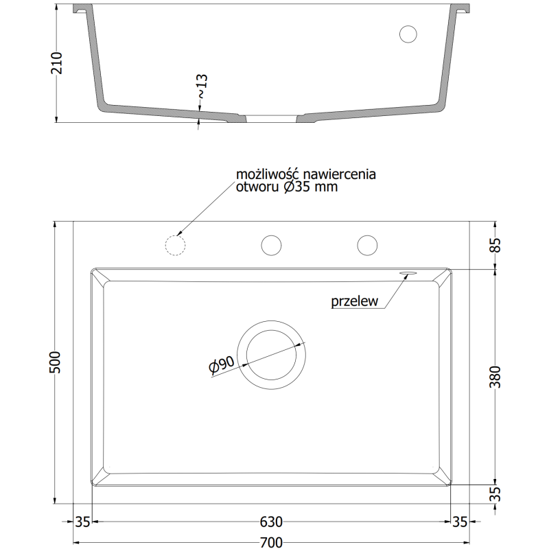 Mexen Elix granitový dřez 1-komorový 700 x 500 mm, černý/stříbrný metalický, sifon zlatý - 6526701005-73-G