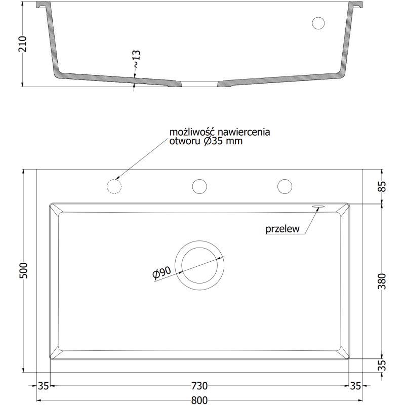 Mexen Elix granitový dřez 1-komorový 800 x 500 mm, černý, zlatý sifon - 6527801005-77-G