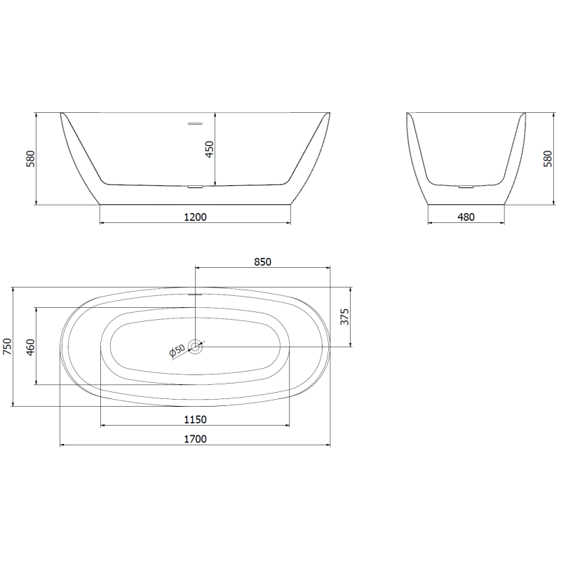 Mexen Luvo Slim volně stojící vana 170 x 75 cm, bílá, přepad gun gray kartáčovaný - 52801707500-66