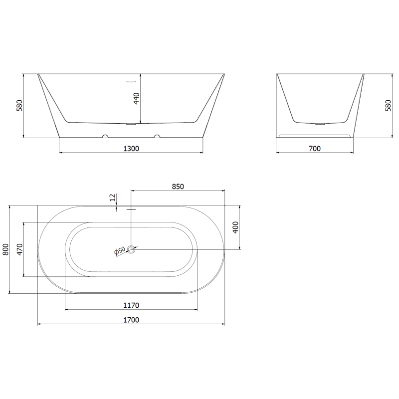Mexen Oval Slim volně stojící přisazená vana 170 x 80 cm, bílá/černá, přepad gun metal - 52661708075-95
