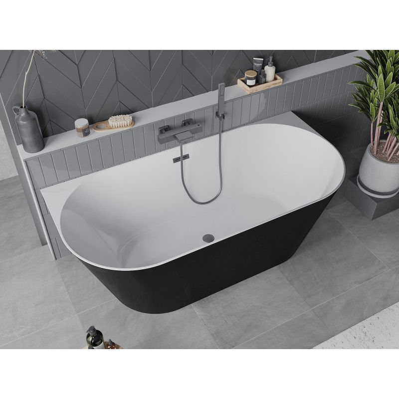 Mexen Oval Slim volně stojící přisazená vana 170 x 80 cm, bílá/černá, přepad gun metal - 52661708075-95