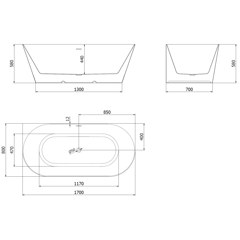 Mexen Oval Slim volně stojící přístěnná vana 170 x 80 cm, bílá/černá, přepad nikl kartáčovaný - 52661708075-97