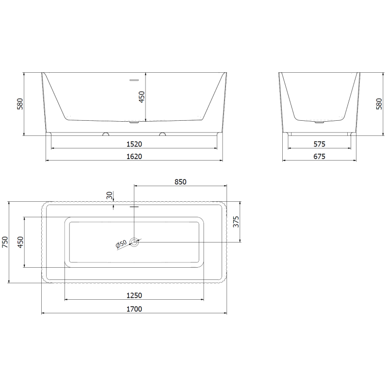 Mexen Nila samostatně stojící vana riflovaná 170 x 75 cm, bílá/černá, přepad gun gray kartáčovaný - 52841708075-66